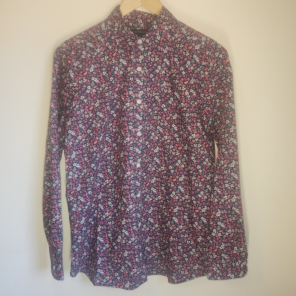Land's End Black/Multicolor Floral Print Button Up Dress Shirt, Women's Size 6